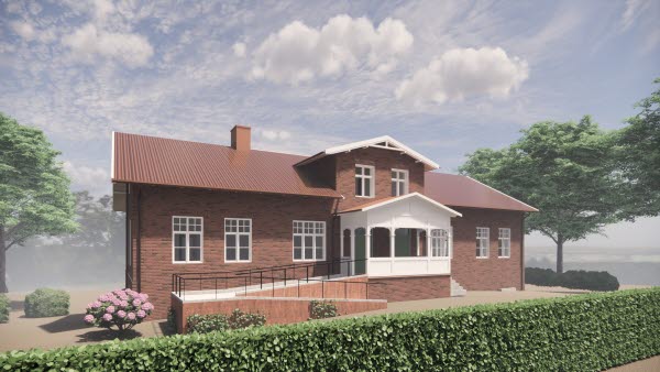 Röd gammal tegelbyggnad med rullstolsramp, illustration.