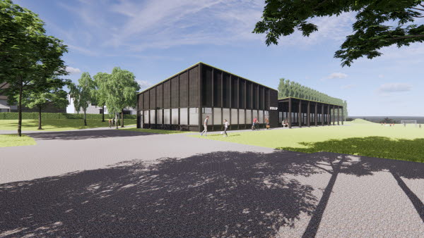 Svart byggnad formad som en kvadrat med fönster längs hela nedre delen. Gräs och träd runt byggnaden, illustration.